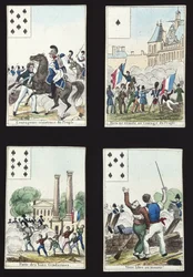 Vier kaarten uit een pak geïllustreerd met propagandascènes uit de Revolutie van 1830, Parijs, 1831